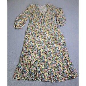 Boden Long Dress 8 Black Yellow Floral V Neck Balloon Lightweight Cottage Flowy